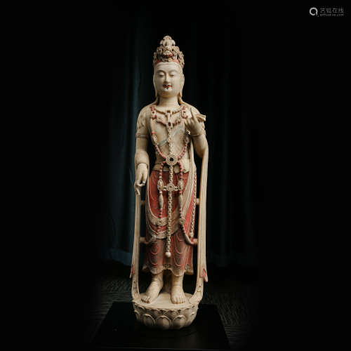 WHITE MARBLE CARVED GUANYIN STANDING STATUE, TANG DYNASTY, C...