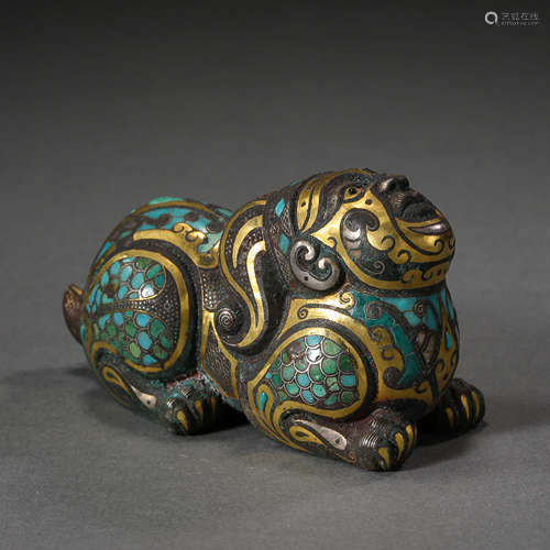 CHINESE BRONZE BEAST INLAID GOLD AND SILVER, HAN DYNASTY