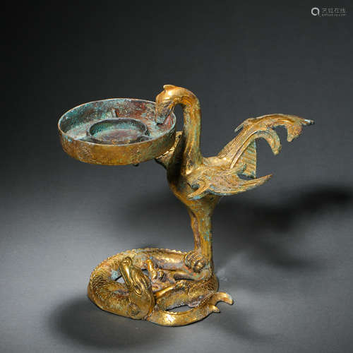 GILT BRONZE BIRD-SHAPED CANDLE LAMP, TANG DYNASTY, CHINA