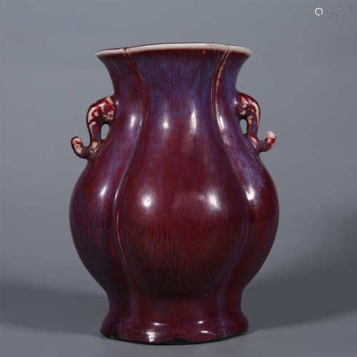 Qing Dynasty-Qianlong Red Glazed Double Ear Vase