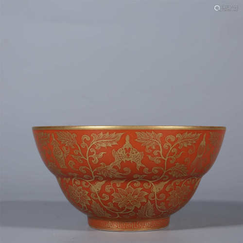 Qing Dynasty-Qianlong Red Glazed Gold Bowl
