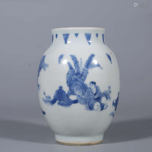 Qing-Blue and White Figure Small Jar