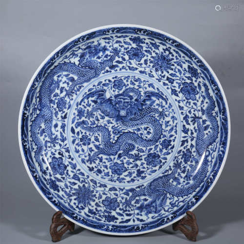 Qing Dynasty-Qianlong Blue and White Dragon Plate