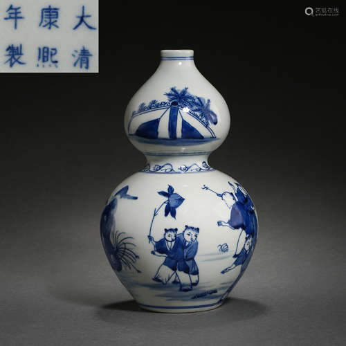 CHINA BLUE AND WHITE PORCELAIN GOURD BOTTLE, QING KANGXI