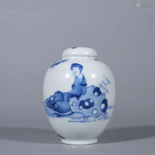 Qing-Blue and White Figure Small Jar