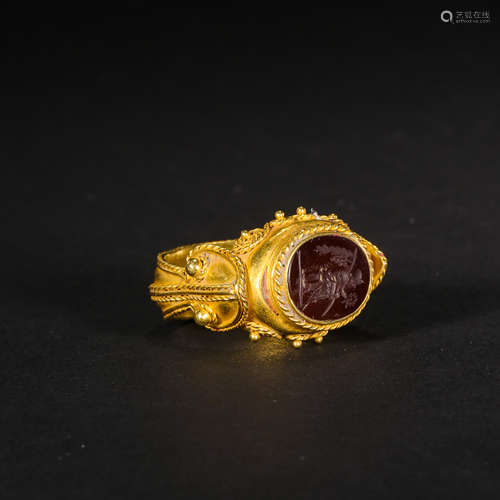 ANCIENT PURE GOLD INLAID AGATE RING SEAL