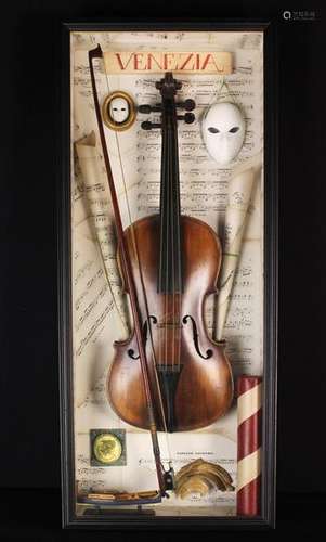 An Antique Violin with bow in a enclosed in a glazed display...