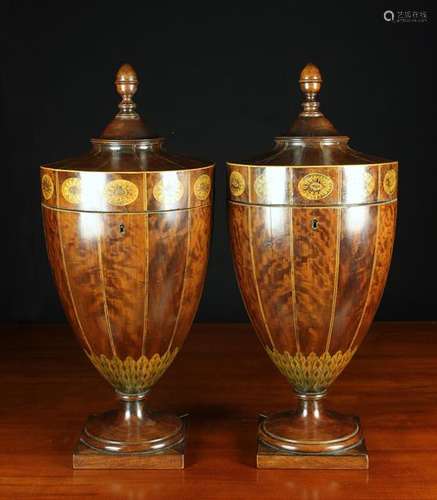 A Pair of Sheraton Revival Inlaid Mahogany Knife Urns.