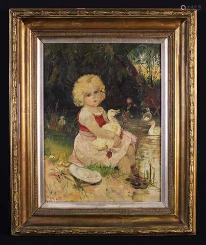 An Early 20th Century Oil on Canvas: Young Girl sat by a pon...