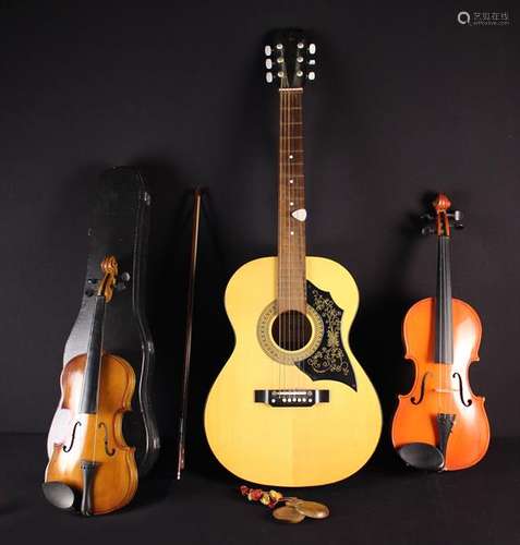 A K320 Accoustic Guitar, Two Violins; one modern with bow in...