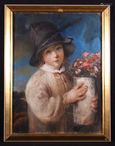 A Framed Portrait: Oils and Pastel on linen depicting a chil...