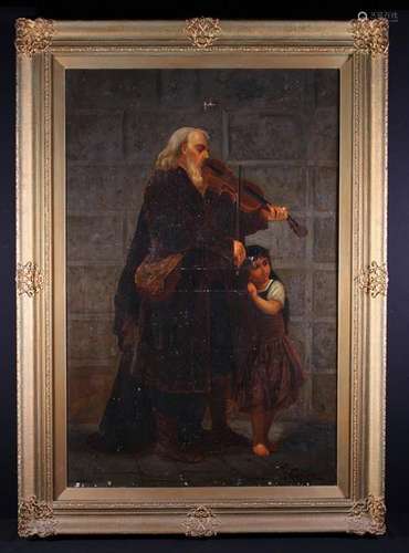 A Large Oil on Canvas Portrait of Elderly bearded Man playin...