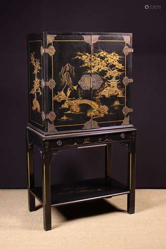 A Vintage Black Lacquered Cabinet on Stand with Chinoiserie ...