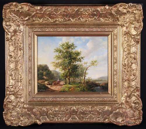 An Oil on Panel; landscape with figures on a path, signed lo...