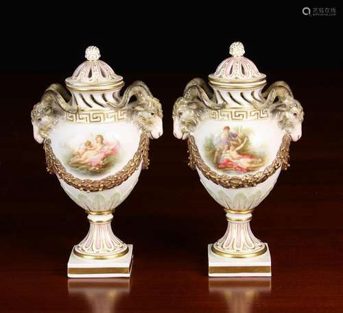 A Pair of Charming Meissen Porcelain Urns with underglaze bl...