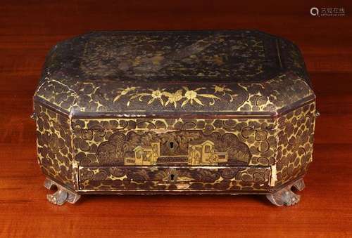 A 19th Century Black Lacquered Box with gilded chinoiserie d...