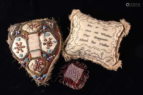 Three Victorian Pin Cushions: A heart shaped cushion with cr...