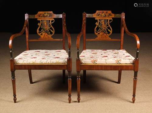 A Pair of Pretty Sheraton Revival Painted Satinwood Armchair...