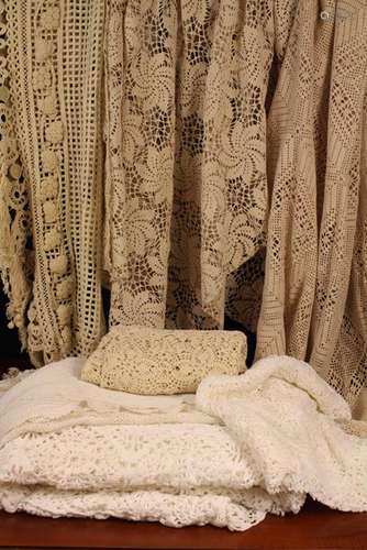 Three Crocheted Bed Covers, four smaller crocheted blankets,