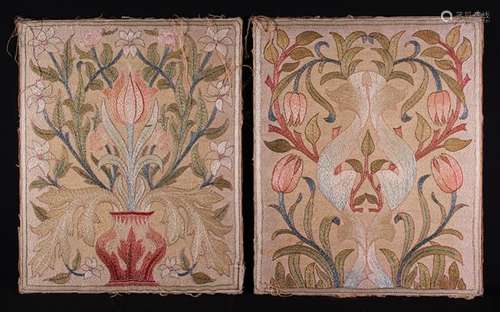 A Pair of Art & Crafts Silk Needlework Panels stitched with ...