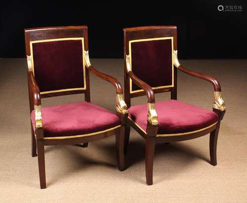 A Pair of Striking Empire Style Mahogany & Parcel Gilt Armch...