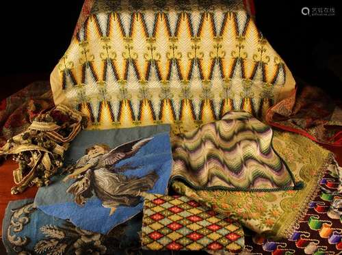 A Group of Textiles to include a panel of Bargello needlepoi...