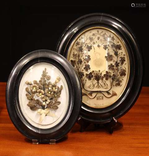 Two 19th Century French Hairwork Memorials set in oval mould...