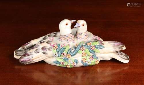 A Pretty Porcelain Trinket Pot modeled as a pair of love bir...