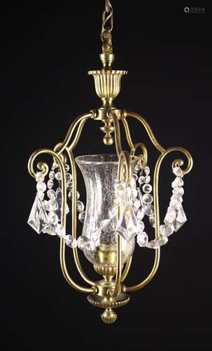 A Gilt Brass Hanging Hall Light in an etched clear glass tul...