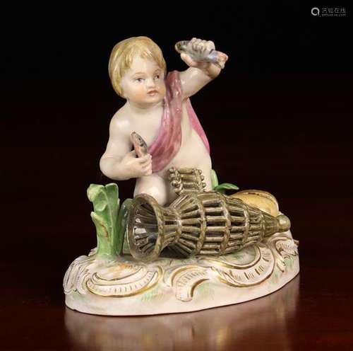 A Meissen Porcelain Putto gathering fish from a lobster bask...