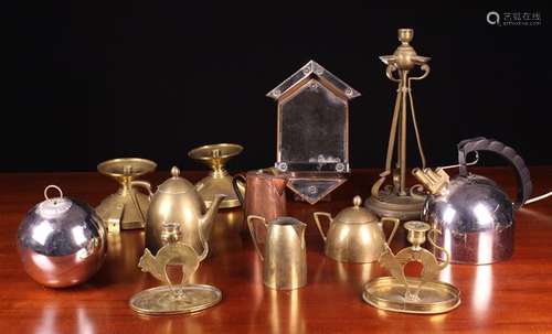 An Art Deco Style Brass Teapot, jug and lidded sugar bowl.