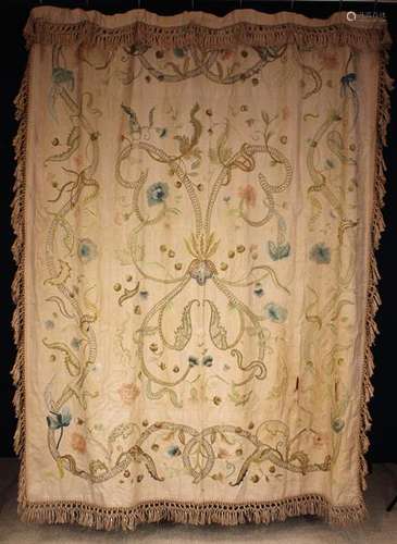 A 19th Century Crewel-work Drape (A/F) embroidered in a subt...