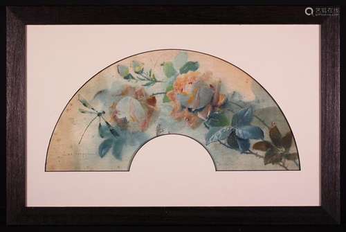 L De Heudange. A Silk Fan Mount painted with a spray of rose...