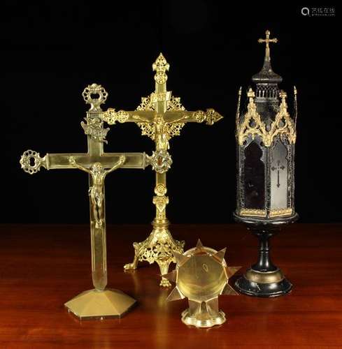 A Group of Religious Items: A tôleware standing candle lante...