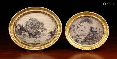 Two George III Oval Monochrome Silkwork Pictures Circa 1800.