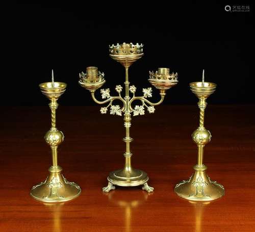 A 19th Century Gothic Revival Brass Candleabra with three ca...