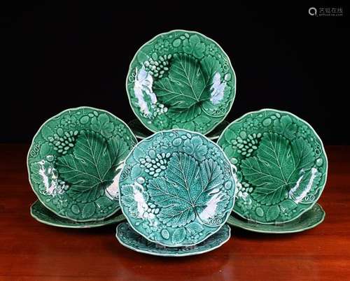 A Set of Six Victorian Majolica Green Glazed Plates relief m...