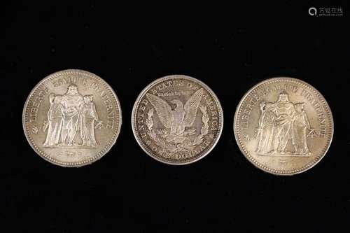 An American Silver One Dollar Coin, (1921) and two French fi...