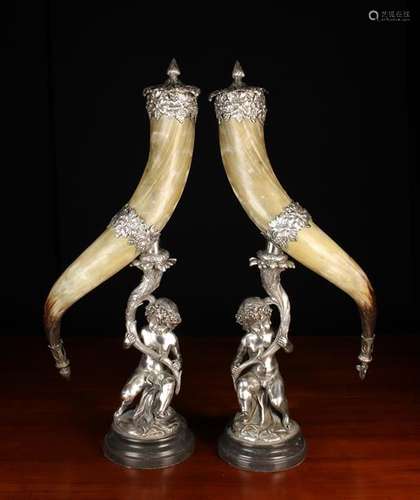 A Pair of Large Horn Snuff Mills with white metal mounts & f...