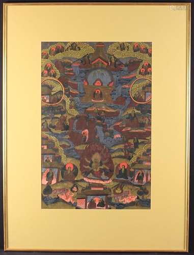 A Large Tibetan Thangka painted in gouache on fabric with fi...