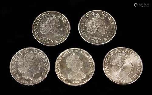 A Collection of Five British Commemorative Five Pound Coins.