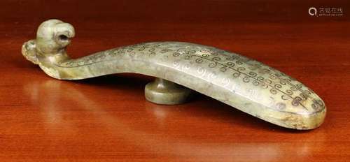 A Large Inlaid Jade Belt Hook carved with a crested parrot h...