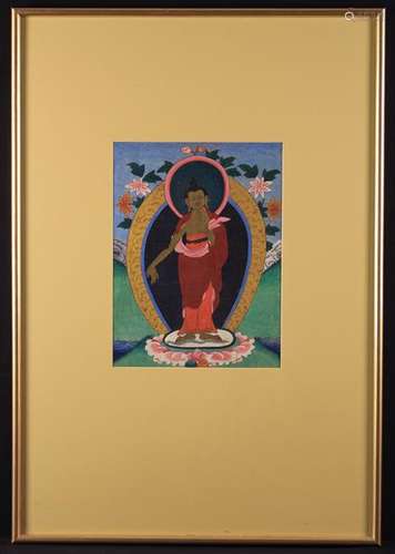 A Tibetan Thangka painted in gouache on fabric with female d...