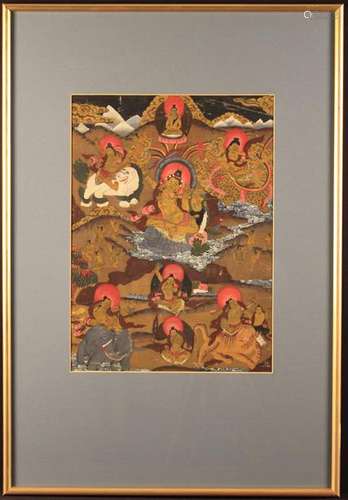 An Antique Tibetan Thangka painted in gouache on fabric with...