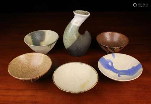 A Group of Five Studio Pottery Bowls with dripped and speckl...