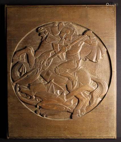 An Oak Arts & Crafts Panel having a recessed roundel carved ...