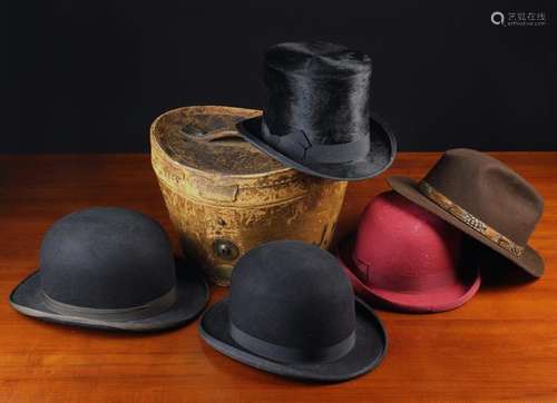 A Leather Hat Box & Five Hats: A top hat inscribed IH Shephe...