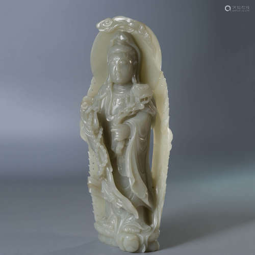 A Carved Hetian White Jade Statue of Guanyin
