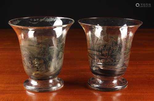 A Pair of Bell Shaped Clear Glass Vases monochrome painted w...