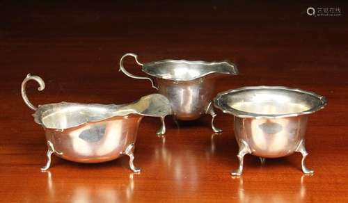 A Silver Tripod Sauce Boat, Cream Jug & Sugar Bowl.